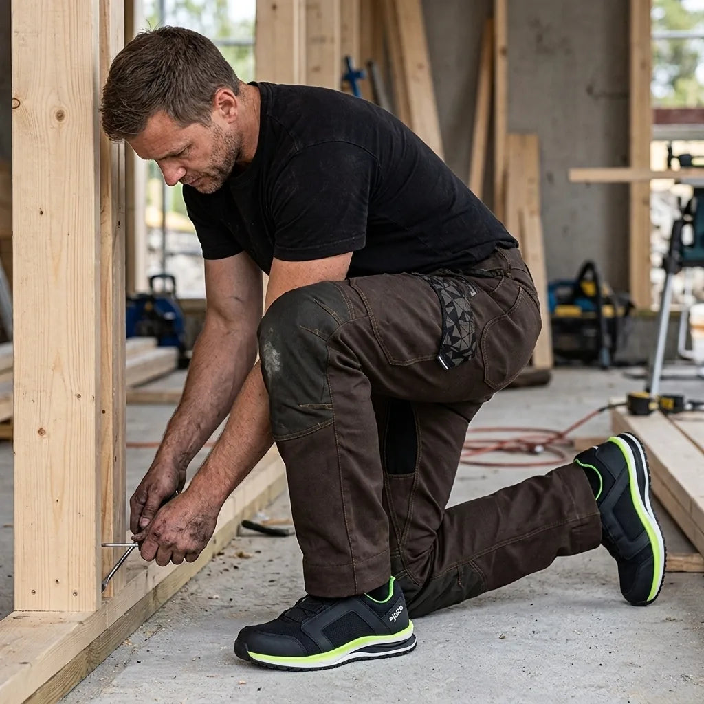 Artisan en appui sur un genou, dos droit, sur un chantier