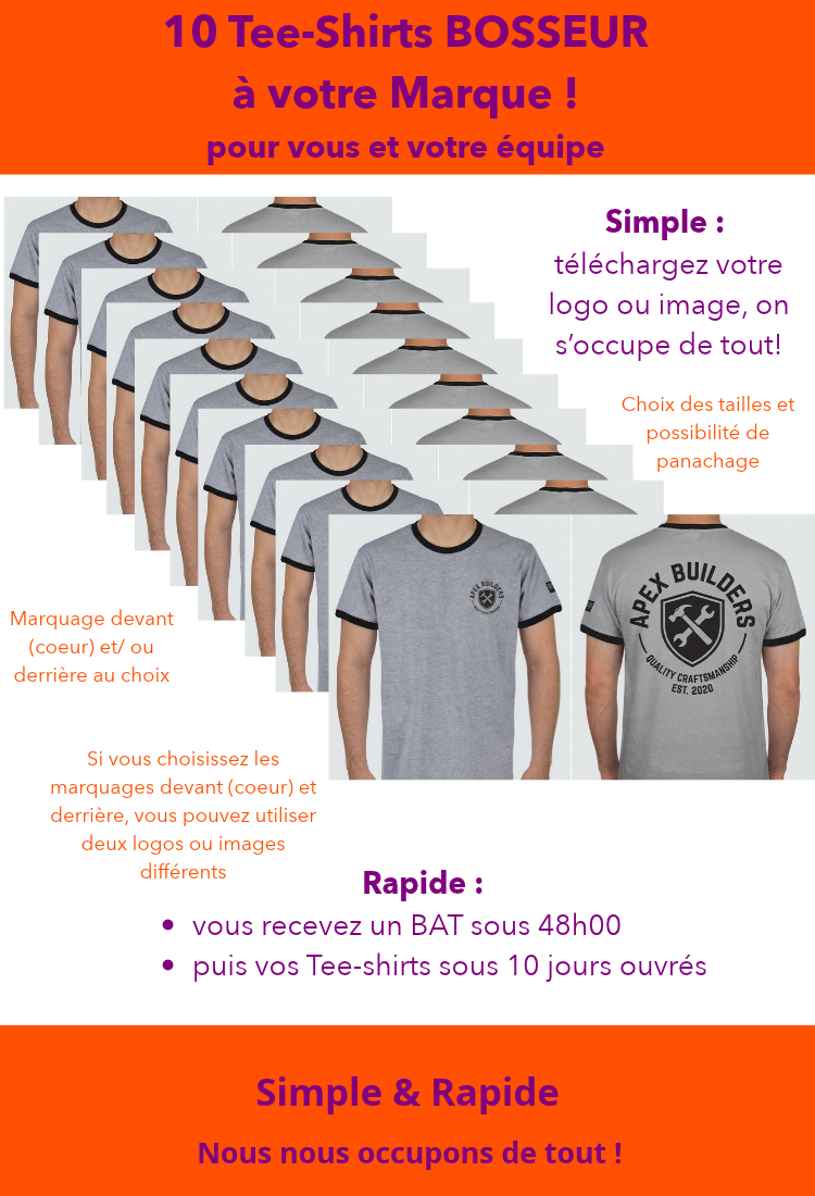 Pack [BOSSEUR à Votre Marque] 10 Tee-shirts Gris Chiné [Marquage OFFERT]