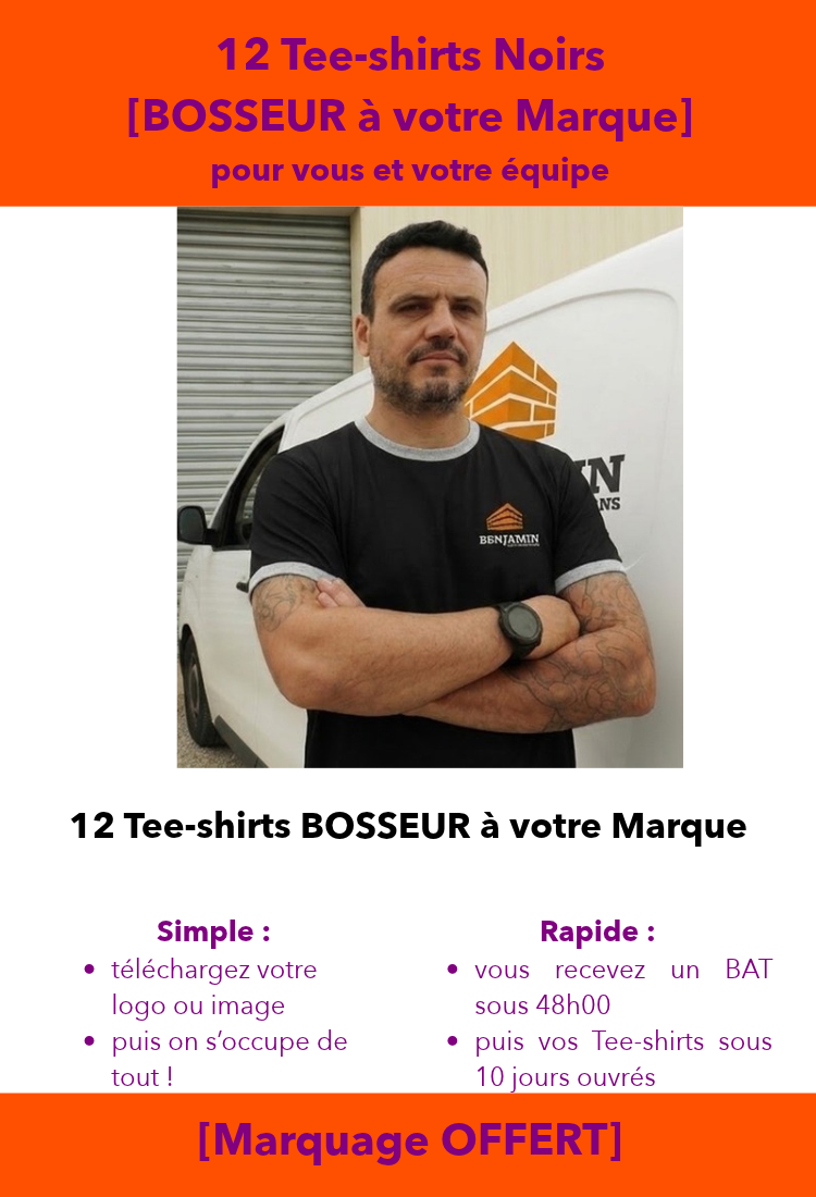 Pack [BOSSEUR à Votre Marque] 12 Tee-shirts Noirs [Marquage OFFERT]